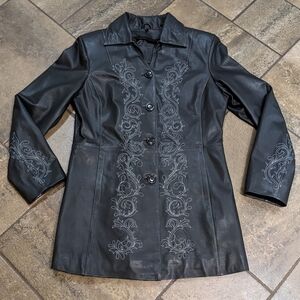 Leather Embroidered Contrast Stitching Long Blazer Jacket Size M Black